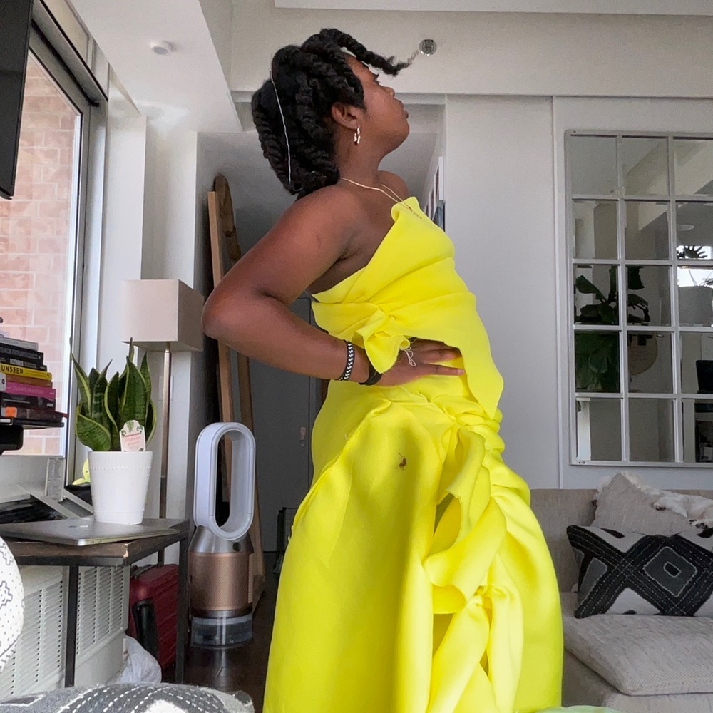 Homemade strapless woman’s tube top and long ruffled skirt, yellow